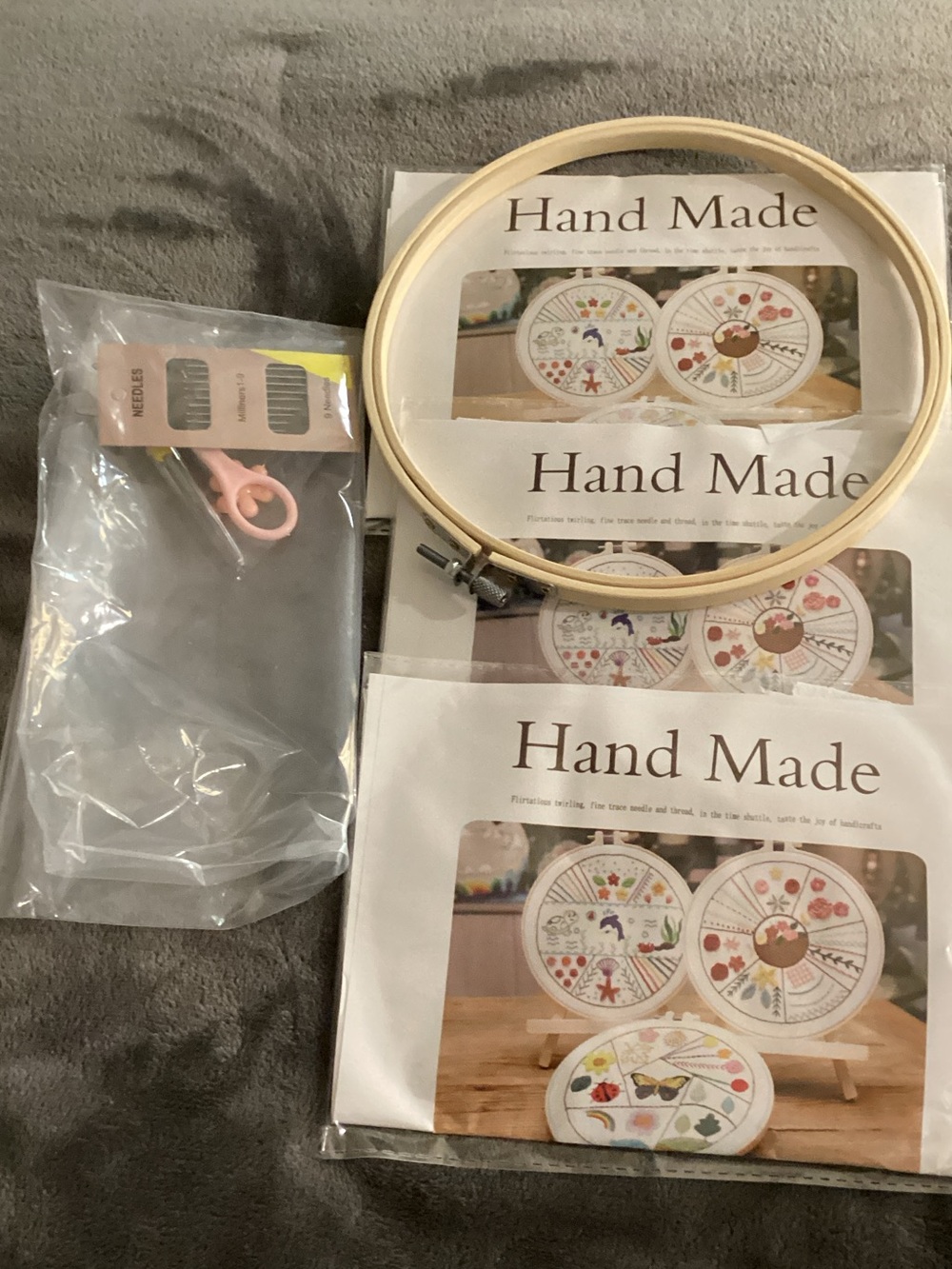 Embroidery Kit with Wooden Hoop - Cream and Pink